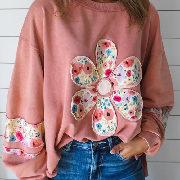 Boutique Tops - B291 Peach Blossom Flower Applique Patchwork Drop Sleeve Pullover Sweatshirt